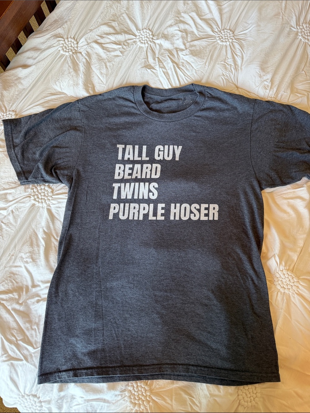 Gray Graphic Men's T-Shirt with 'Tall Guy Beard Twins Purple Hoser' Text
